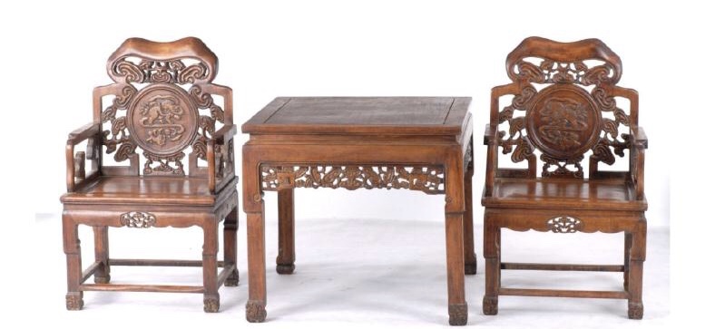 黄花梨雕灵芝八仙桌、太师椅